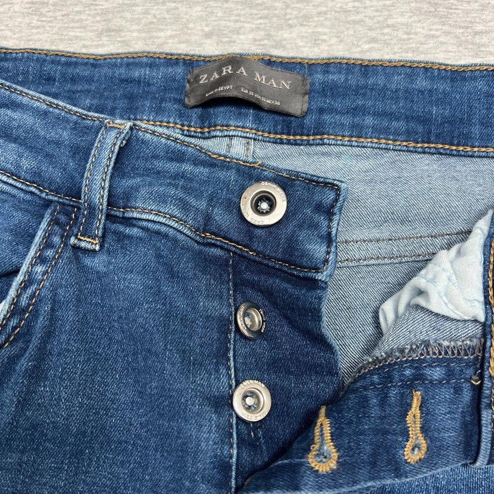 Zara Man Mens Jeans 30 Blue Faded Distressed Skinny Denim Stretch Crop Frayed - Picture 5 of 13